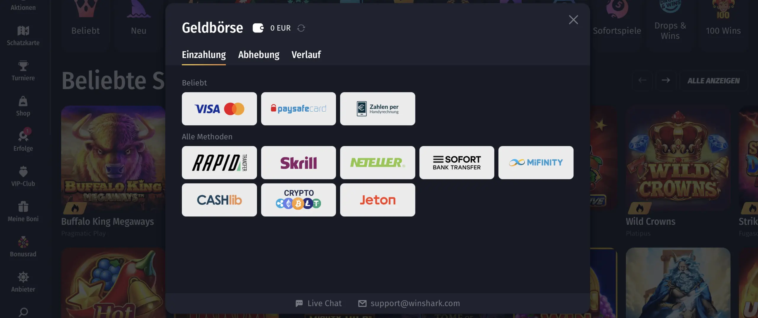 WinShark Casino Zahlungsmethode